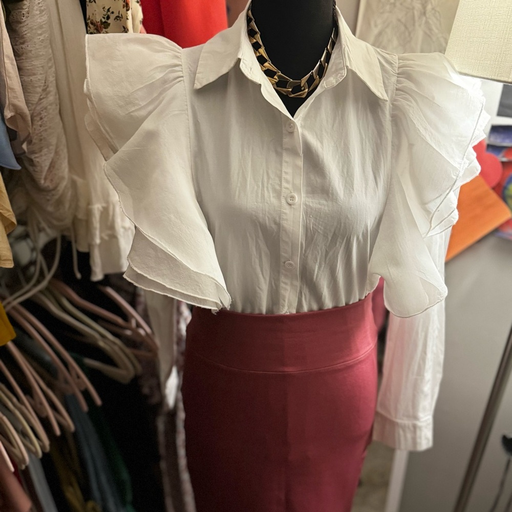 Medium White Blouse button down with ruffles. Medium Rose pink stretch skirt.